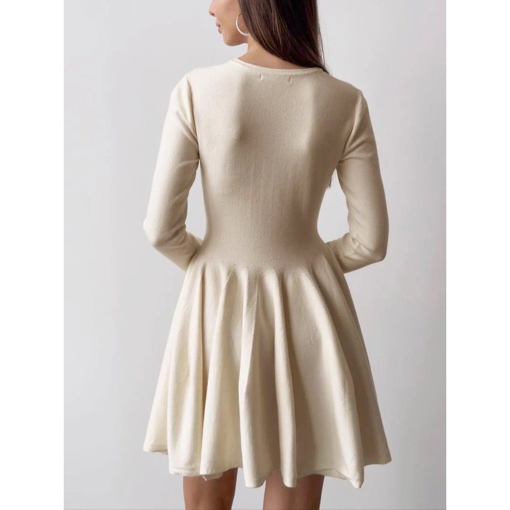 Commense Beige Sweater Dress Thick Pleated Long Sleeve Fit and Flare Mini M - Picture 4 of 7